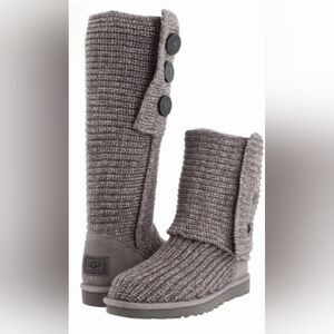UGG Cardy Gray Knit Button Up Sweater Boots 8